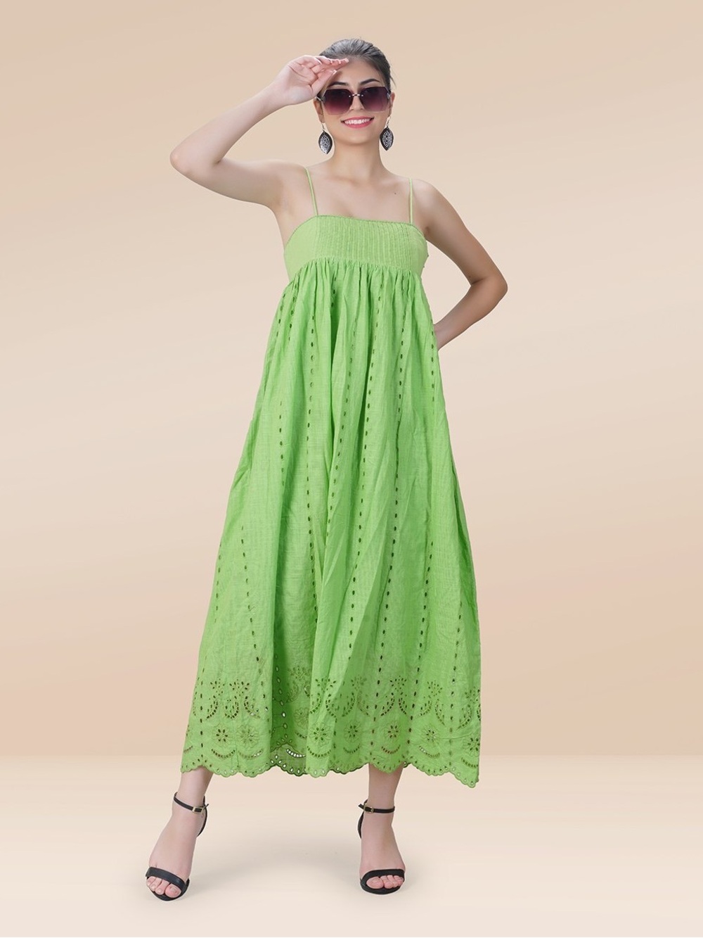 Zara Lime Green Eyelet Maxi Dress with Spaghetti Straps
